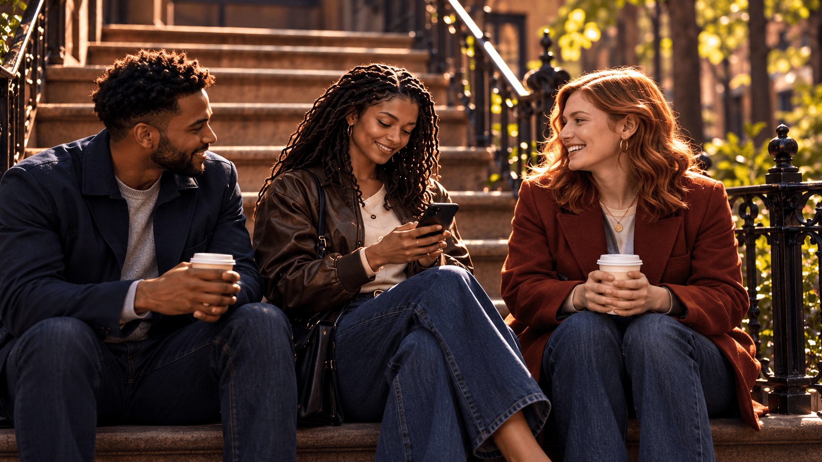 Three friends talking on a stoop